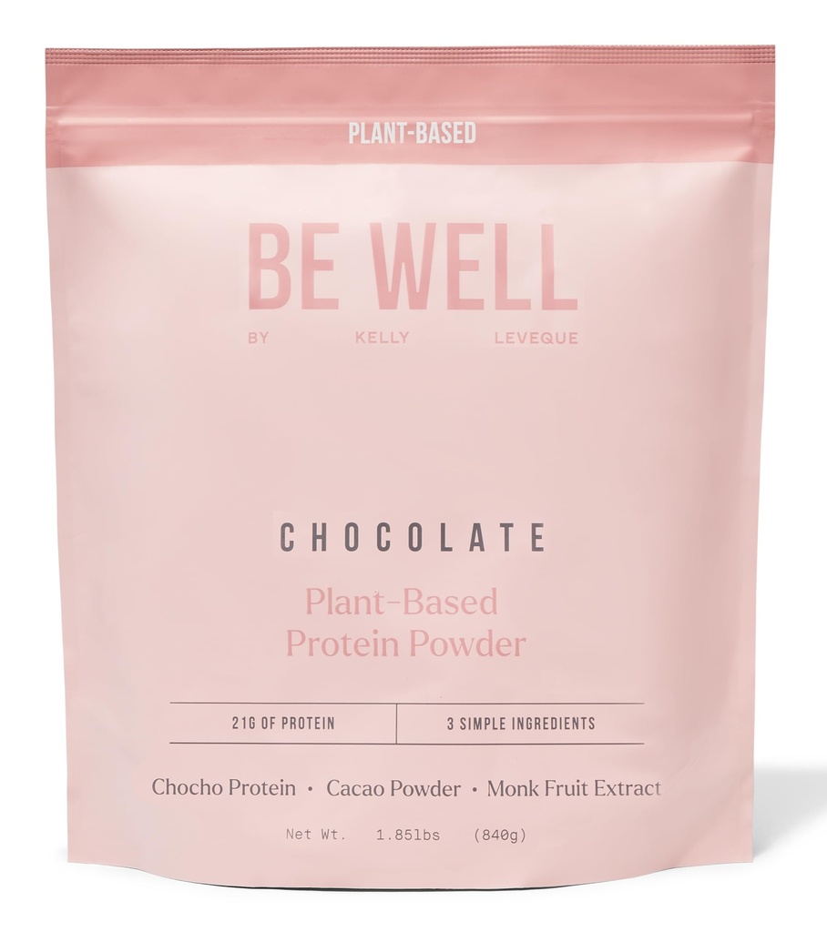 Be Well by Kelly Chocolate Plant-Based Protein Powder, Vegan 21G Protein 9G Fiber 1 NetCarb (3 Ingredientes, 20 Servings) 9 Aminoácidos 3 BCAAs No Soy, No Dairy, Stevia-Free No Sugar Añadido 1.85lb 840g