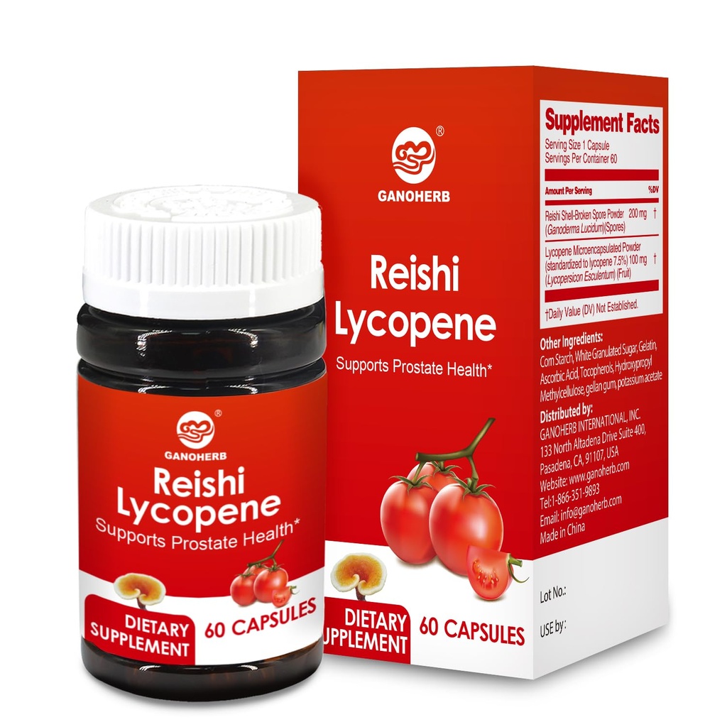 Suplemento de Lycopene 100mg, Extracto de Tomato Natural con Reishi Mushroom 200mg, Cápsula de Mushroom para la salud inmune, libre de gluten, no GMO, Vegan, 60 cápsulas de liberación rápida