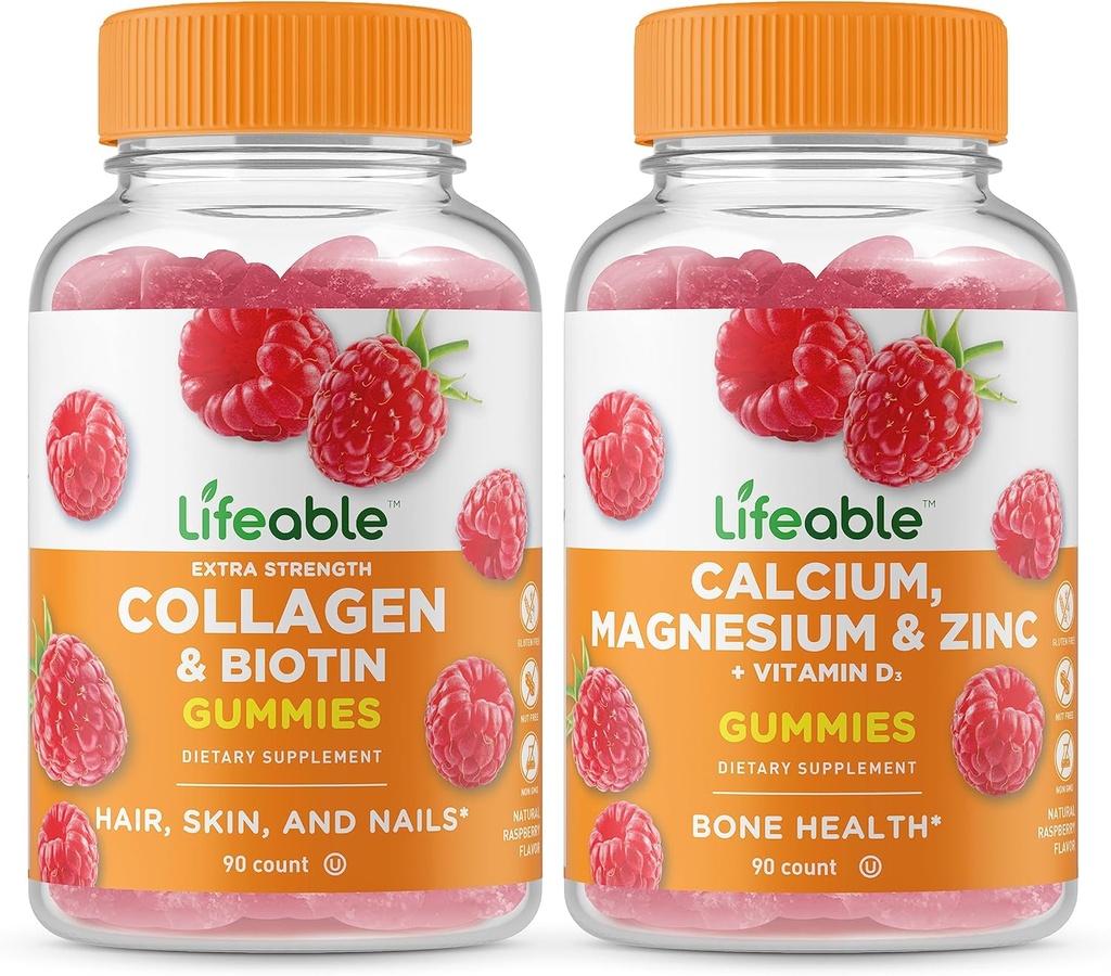 Colágeno Lifeable &amp; Biotina + Calcio, Magnesio, Zinc &amp; Vitamina D, Gummies Bundle - Gran Tasting, Suplemento de Vitamina, Gluten Gratis, GMO Gratis, Chewable Gummy