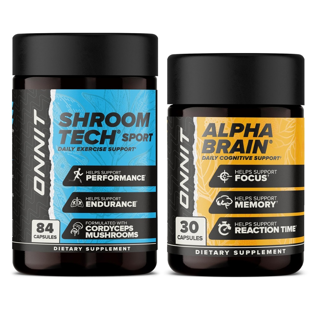 ONNIT Premium Alpha Brain Bundle - Suplemento Nootropic Brain (30 Conde) para Focus, Concentration &amp; Memory + Shroom Tech Sport para el ejercicio, Energía y rendimiento cardiovascular (84 Conde)