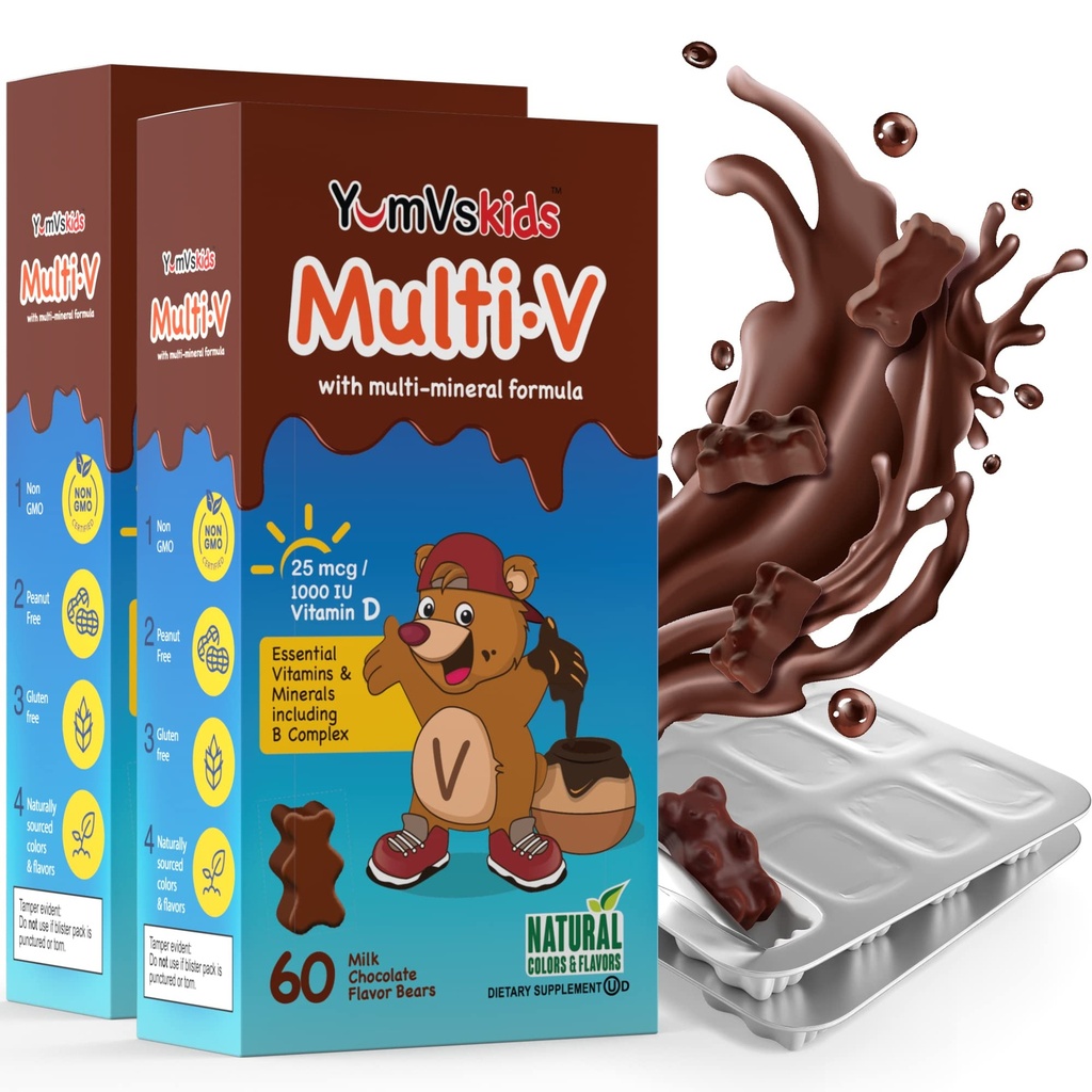 YUM-V'S - Osos de chocolate multivitamínicos para niños - Suplemento multivitamínico para niños - 16 Vitaminas &amp; Minerales - Vitaminas incluyendo D, Zinc, C, B Complejo &amp; Más, 60 Cuenta (Pack of 2)