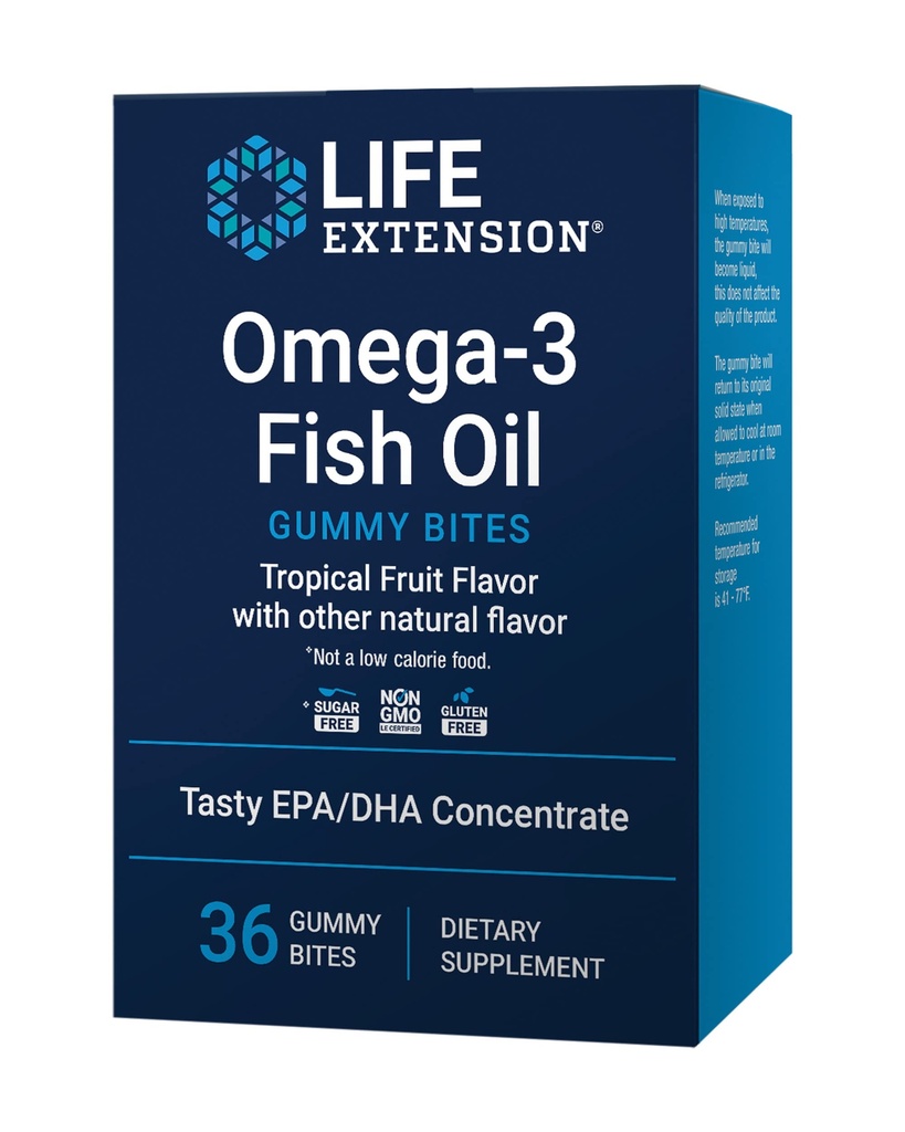 Extensión de vida Petróleo de pescado Omega-3 Bites, ácidos grasos EPA DHA, EPA de alta dosis EPA DHA Apoyo en una forma química delictiva, no GMO, Gluten Free, 36 Bites de Gummy