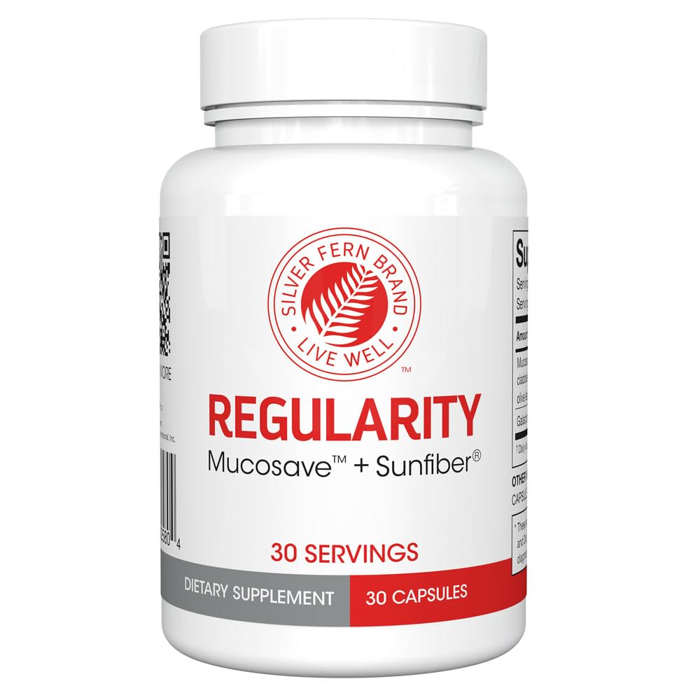 Silver Fern Regularity Suplemento Digestivo Capsules Marca - 1 Botella = 30 Capsules = 30 Day Supply - Mucosave FG (Prickly Pear Polysaccharides & Olive Leaf Polyphenols) & SunFiber