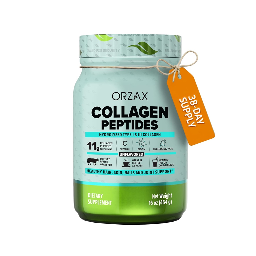 Péptidos de colágeno ORZAX Polvo - 11 g Tipo de colágeno I ' III, Biotina & Ácido Hialurónico, 16 oz (Sin sabor)