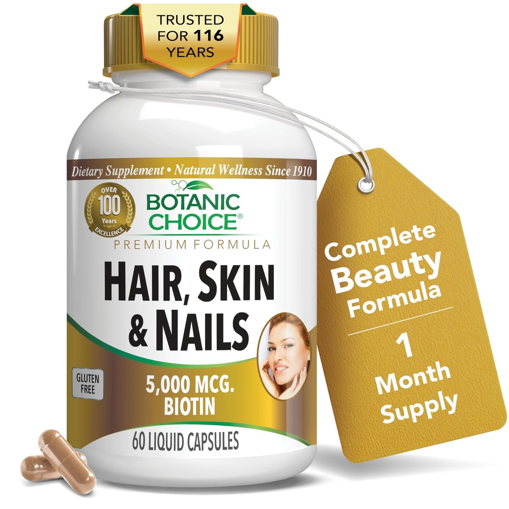 Botanic Choice Hair Skin and Nails Vitaminas - Biotin Suplemento con Collagen, Vitamina C, & Iron - Super Antioxidante Blend con aceite de argán y ácido hialurónico - 60 cápsulas líquidos