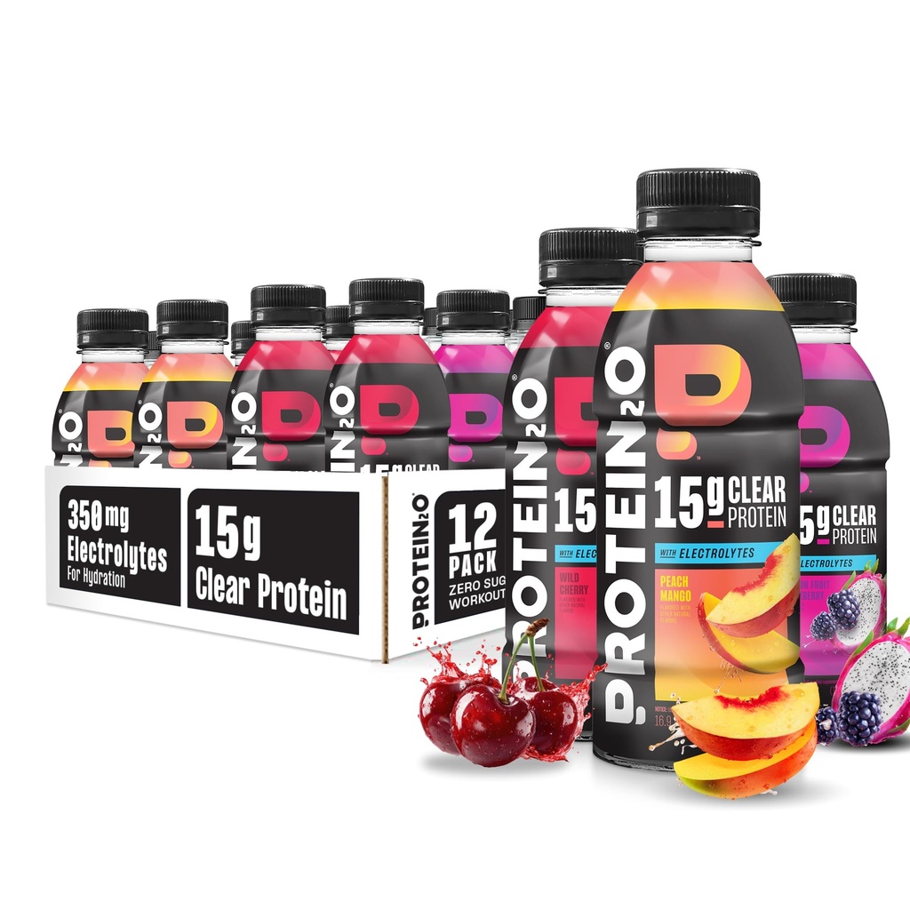 Bebida de hidratación Protein2o - 2-en-1 Liquid Clear Whey Protein Isolate and Electrolyte Drink - 15g Protein, Vitaminas B5, B6 - Recuperación de Post-Workout - 16.9 Fl Oz - 12 Conde Flavor Fusion Vaiety Pack
