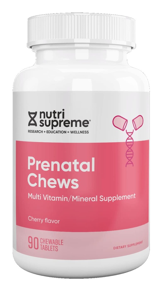 Vitamina Prenatal Superior Nutri, Vitaminas Prenatales Chewable para Mujeres con 800 MCG de Folate, Multivitamina de Embarazo Completo con Hierro, Kosher, Flavor de Cereza, 90 Conde