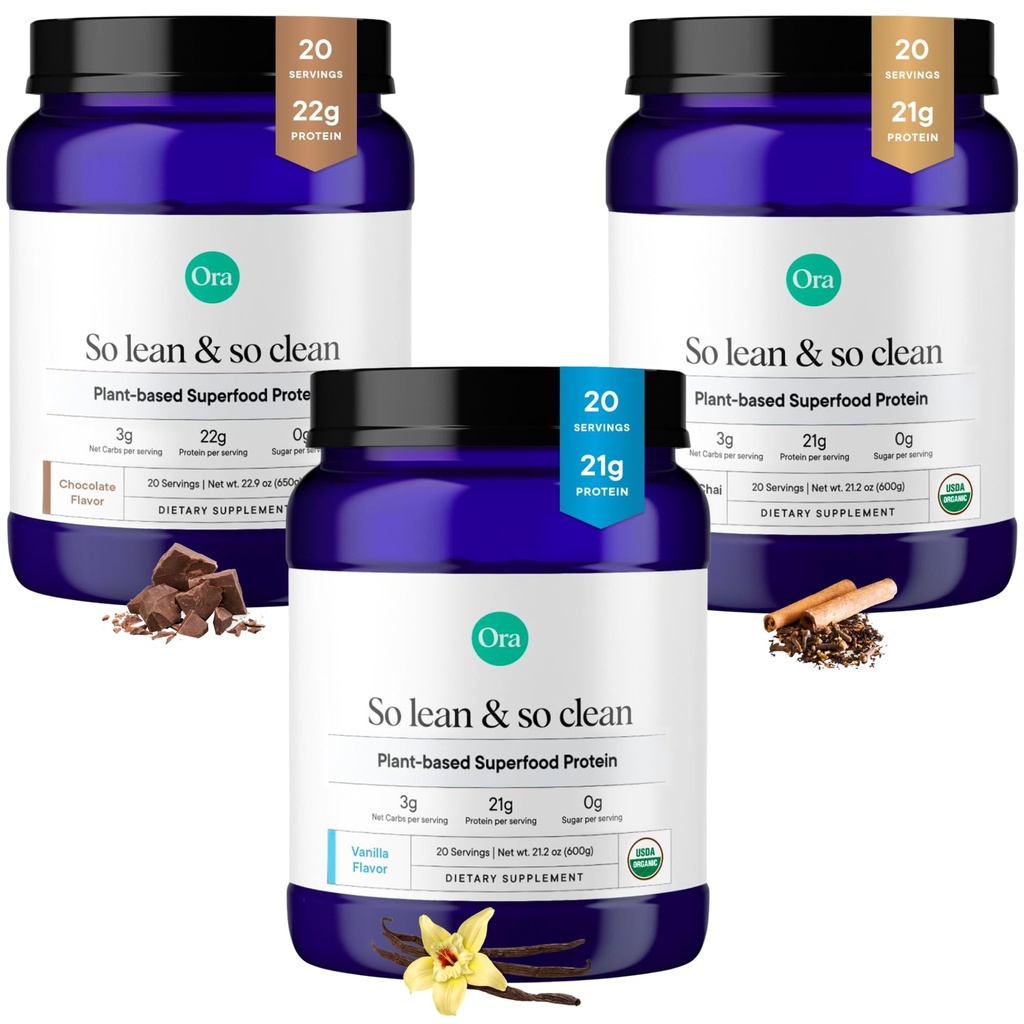 Ora Organic Protein Powder Vanilla, Chocolate &amp; Vanilla Chai Bundle: 21g Planta Basada, Vainilla, Vainilla Chai, 20 Servimientos + 22g Planta Basada, Chocolate, 20 Servimientos