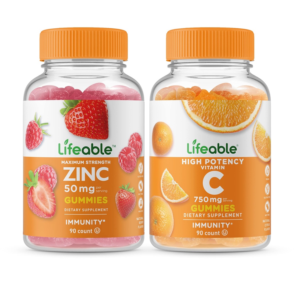 Zinc Lifeable 50mg + Vitamina C 750mg, Gummies Bundle - Gran Tasting, Suplemento de vitamina, Gluten Gratis, GMO Gratis, Chewable Gummy