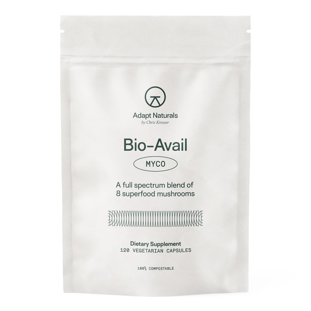 Adapt Naturals Bio-Avail Myco - 8-en-1 Bioavailable Mushroom Suplemento Complejo de Mushroom - Chaga, Cordyceps, Reishi, Lions Mane - Presión de sangre, memoria, inmuno - 120 cápsulas