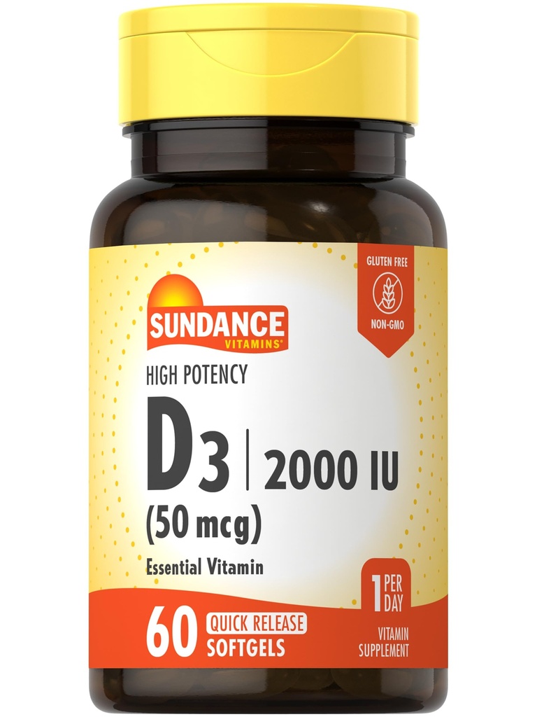 Sundance Vitamina D3 2000 UI TENIDO 60 Quick Release Softgels TEN High Potency ← Non-GMO y Gluten Free Supplement