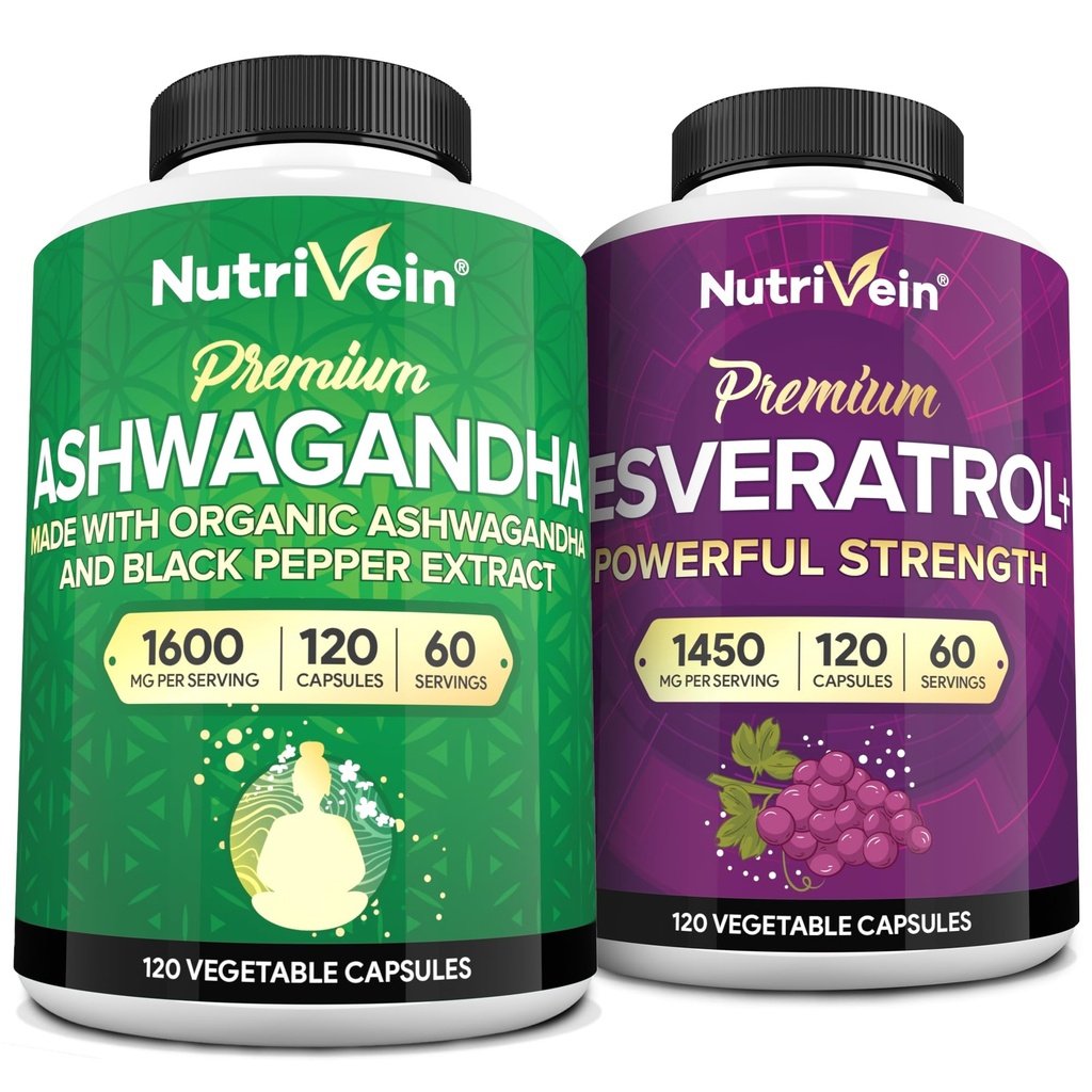 Nutrivein Premium Ashwagandha Capsules &amp; Resveratrol Supplement Bundle: High-Absorption Resveratrol Capsules and Ashwagandha Supplements for Balance, Vitality, " Repair