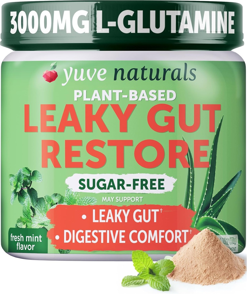 Yuve Gut Health Restore, Vegan " Non-GMO Leaky Gut Repair Supplements, Helps to Relief Bloating, Heartburn, Constipation, Gas " SIBO, with L-Glutamine, Licorice, " Aloe, Pharmaceutical Grade, 30 Servs