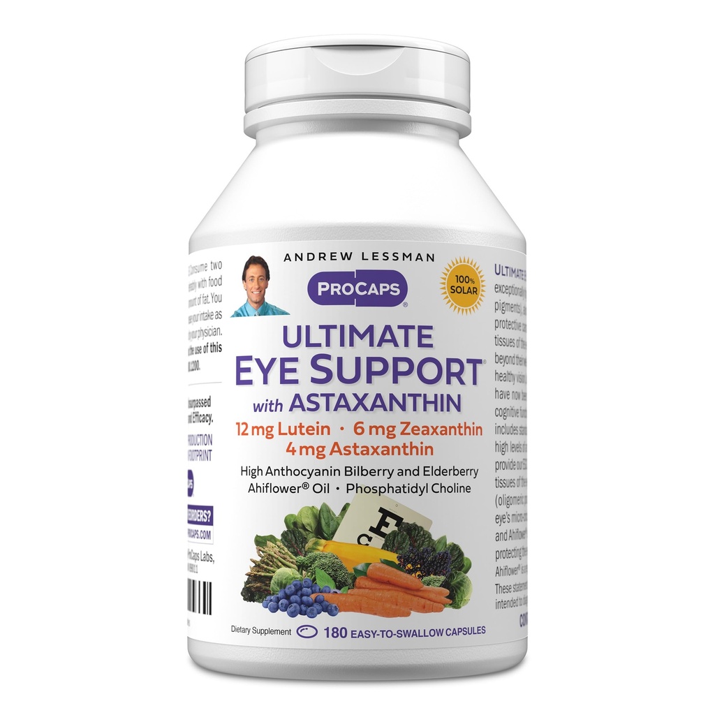 ANDREW LESSMAN Ultimate Eye Support with Astaxanthin 180 Softgels - 12mg Lutein, 6mg Zeaxanthin, 4mg Astaxanthin, Bilberry. Nutrientes clave para apoyar la salud de los ojos, promover una visión saludable. No hay aditivos