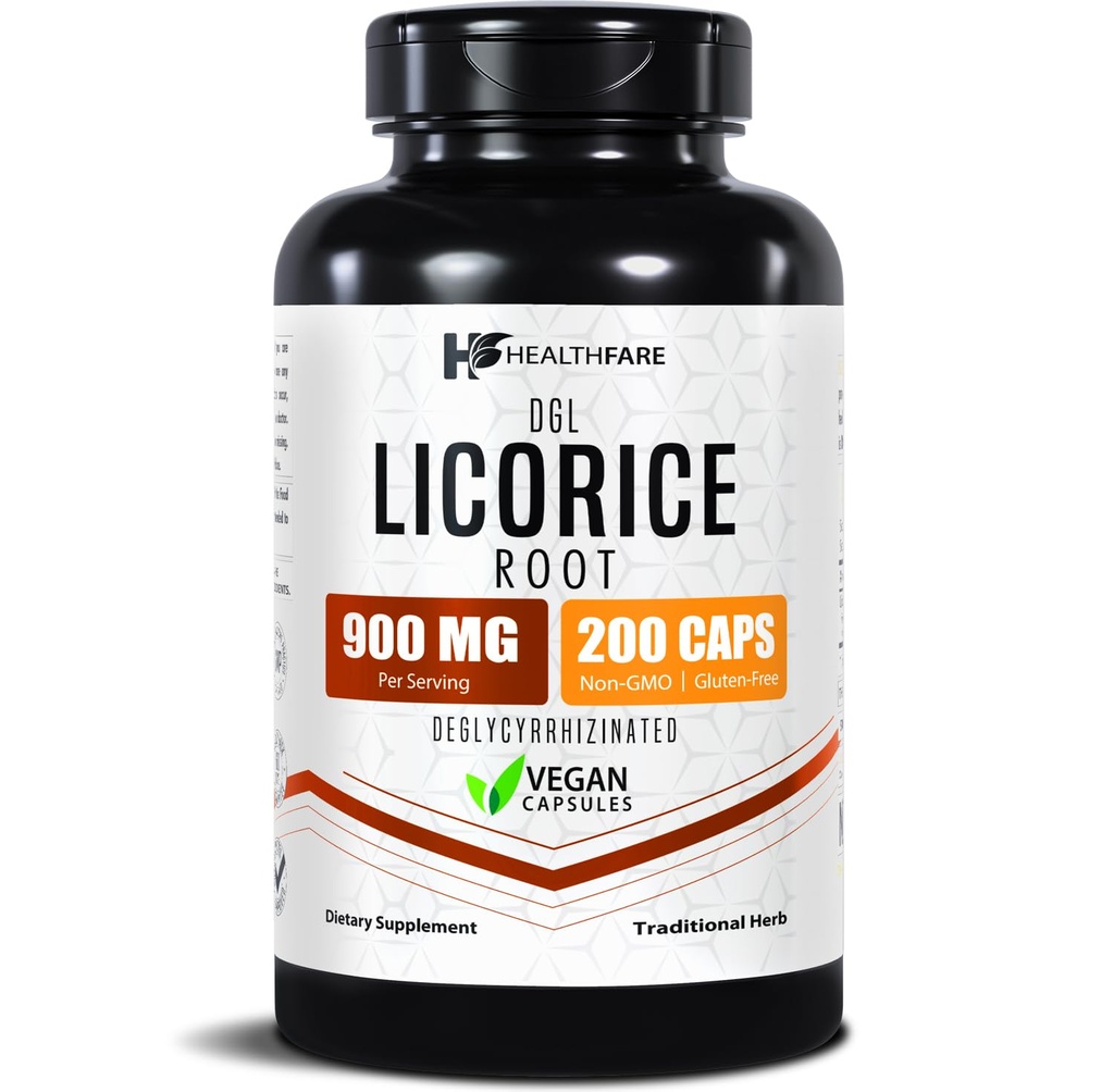 Healthfare Licorice Root Extract 900mg ← 200 Vegan Capsules DGL Supplement ← Extra Strength Herbal Formula ← Non-GMO, Gluten-Free TEN Made in USA