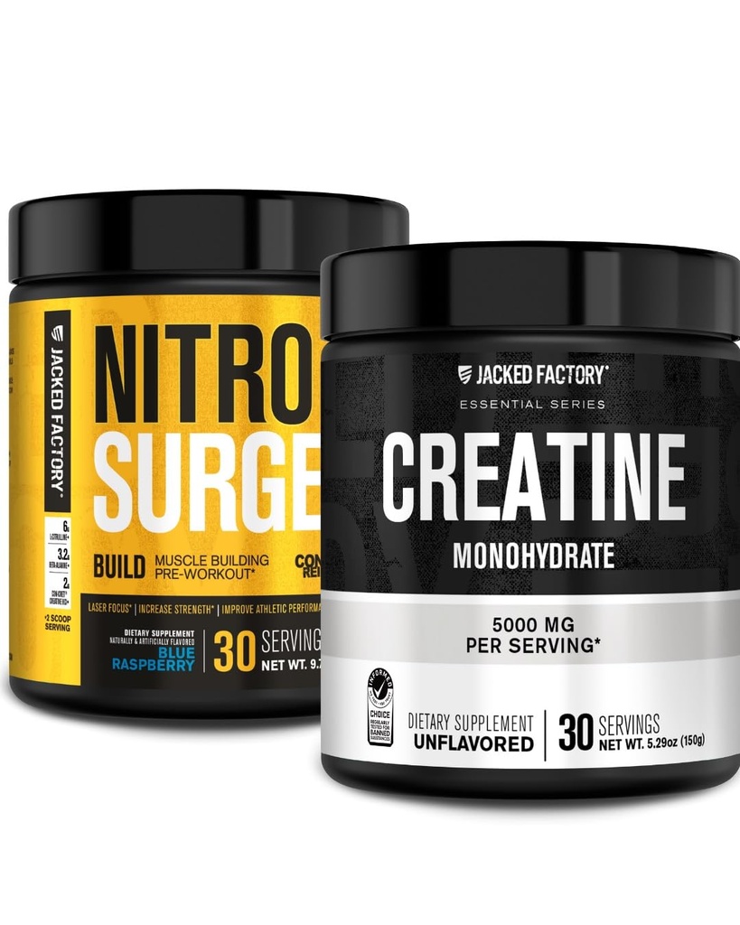 Fabricación de nitrocirugía confeccionada Pre Workout with Creatine for Muscle Building (30 Servings, Blue Raspberry) & Creatine Monohydrate Powder for Muscle Growth & Recuperación (30 Servings, Unflavored)