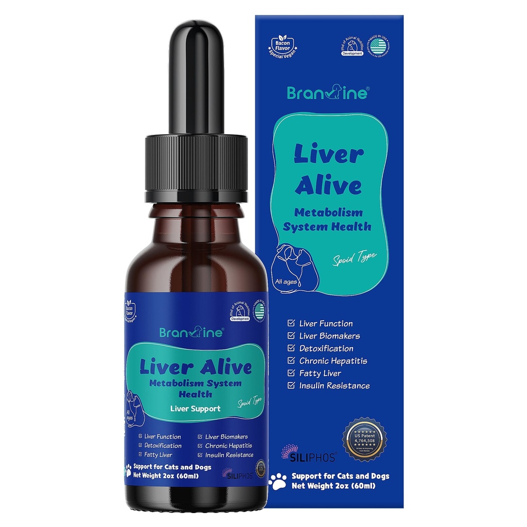 Sistema de metabolismo vivo Salud para perros y gatos - Función, grasa, detox, hepatitis crónica con SILIPHOS®, TUDCA, el mismo sabor del tocino vegano (60ml)