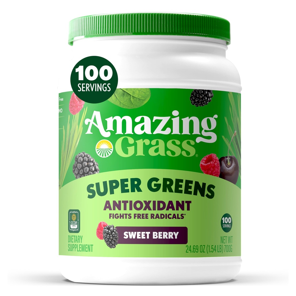 Increíble Grass Greens Superfood Antioxidant: Greens Powder with Organic Spirulina, Beet Root Powder, Elderberry & Probiotics, Sweet Berry, 100 Servings (Packaging May Vary)