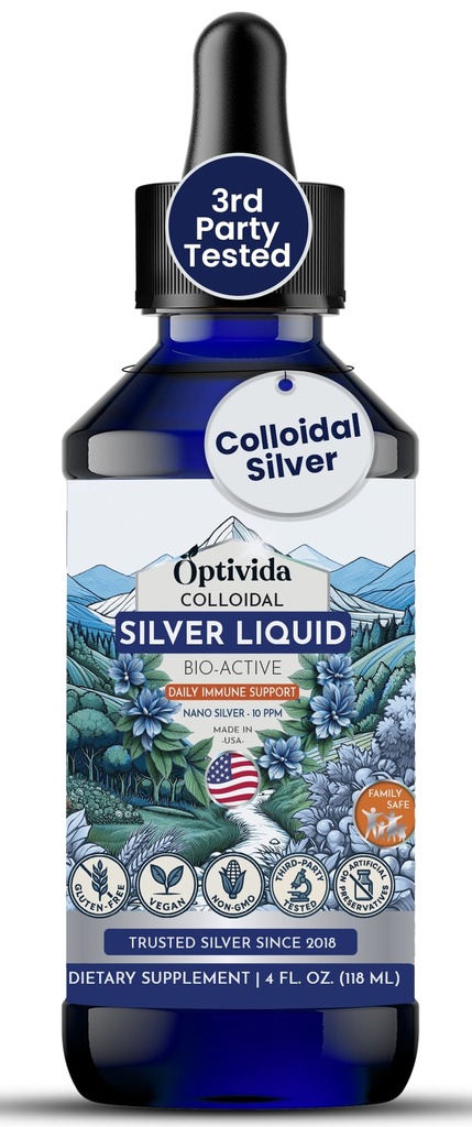 Optivida Health Colloidal Silver Liquid (4 oz) – Premium Nano Silver Colloidal Supplement for Daily Wellness &amp; Immune Support, Natural Liquid Silver Hydrosol for Adults &amp; Kids, Non-GMO, Gluten-Free