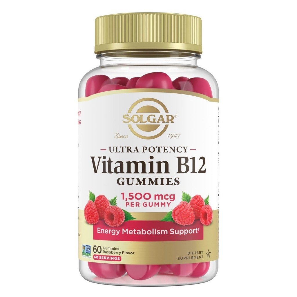 Solgar Methyl B12 Gummies for Adults 1,500mcg Ultra Potency Vitamin for Energy & Metabolism Support, Raspberry Flavor, Vegan &amp; Gluten-Free Gummy for Women &amp; Men, 2 Month Supply, 60 Servings, 2g Sugar