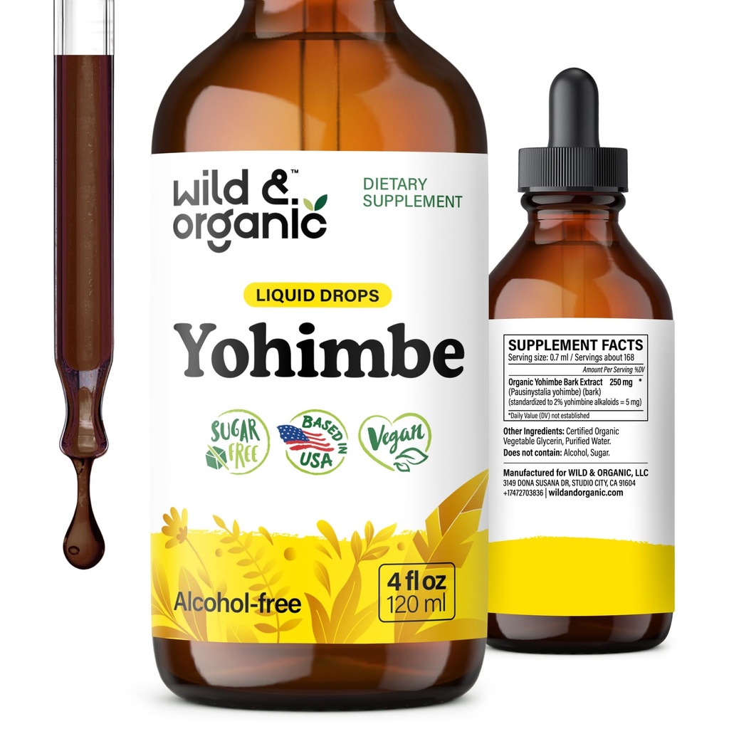 Suplementos de Yohimbe Wild &amp; Organic para Hombres &amp; Mujeres - 5 mg Tintura de Extracto de Yohimbina - Gotas de Barco de Yohimbe Libre de Alcohol - Vegan, No GMO &amp; Libre de Azúcar - 4 fl oz