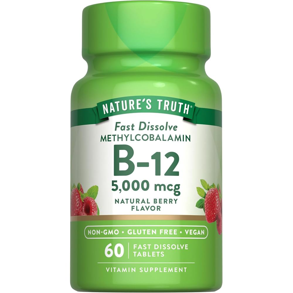 La verdad de la naturaleza B12 Vitamina 5000 mcg TEN 60 Tablets ANTE Fast Dissolve Natural Berry Flavor TEN Vegan, Non-GMO &amp; Gluten Free Supplement