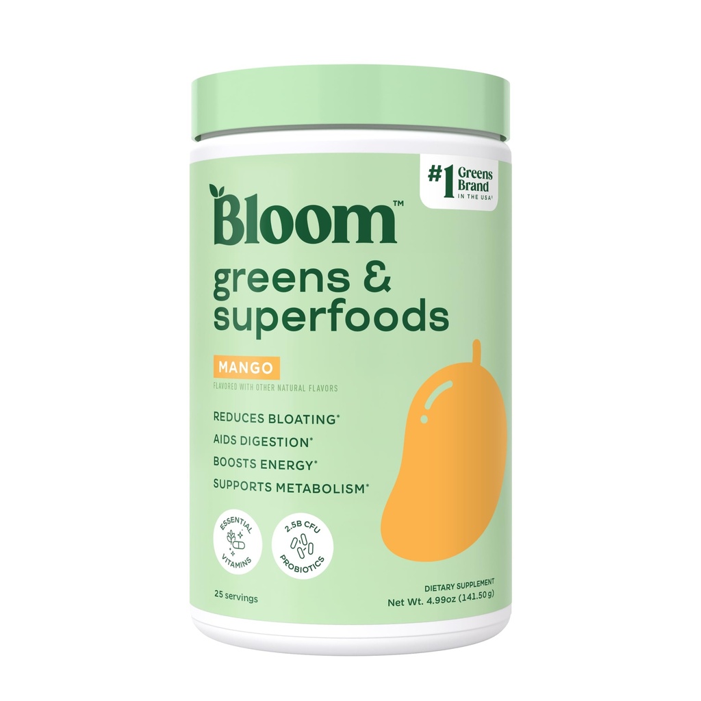 Bloom Nutrition Superfood Greens Powder, Enzymes Digestivos con Probióticos y Prebióticos, Gut Health, Bloating Relief for Women, Chlorella, Green Juice Mix with Beet Root Powder, 25 SVG, Mango