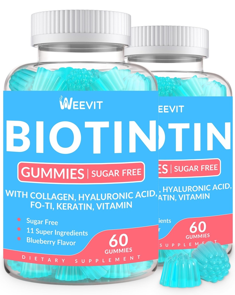WEEVIT Sugar-Free Biotin Gummies, Biotin and Collagen Gummies with Keratin, Hyaluronic Acid for Women & Men | Hair Growth, Glowing Skin & Strong Nails | Vitamin B7 Supplement, Non-GMO, Chewable