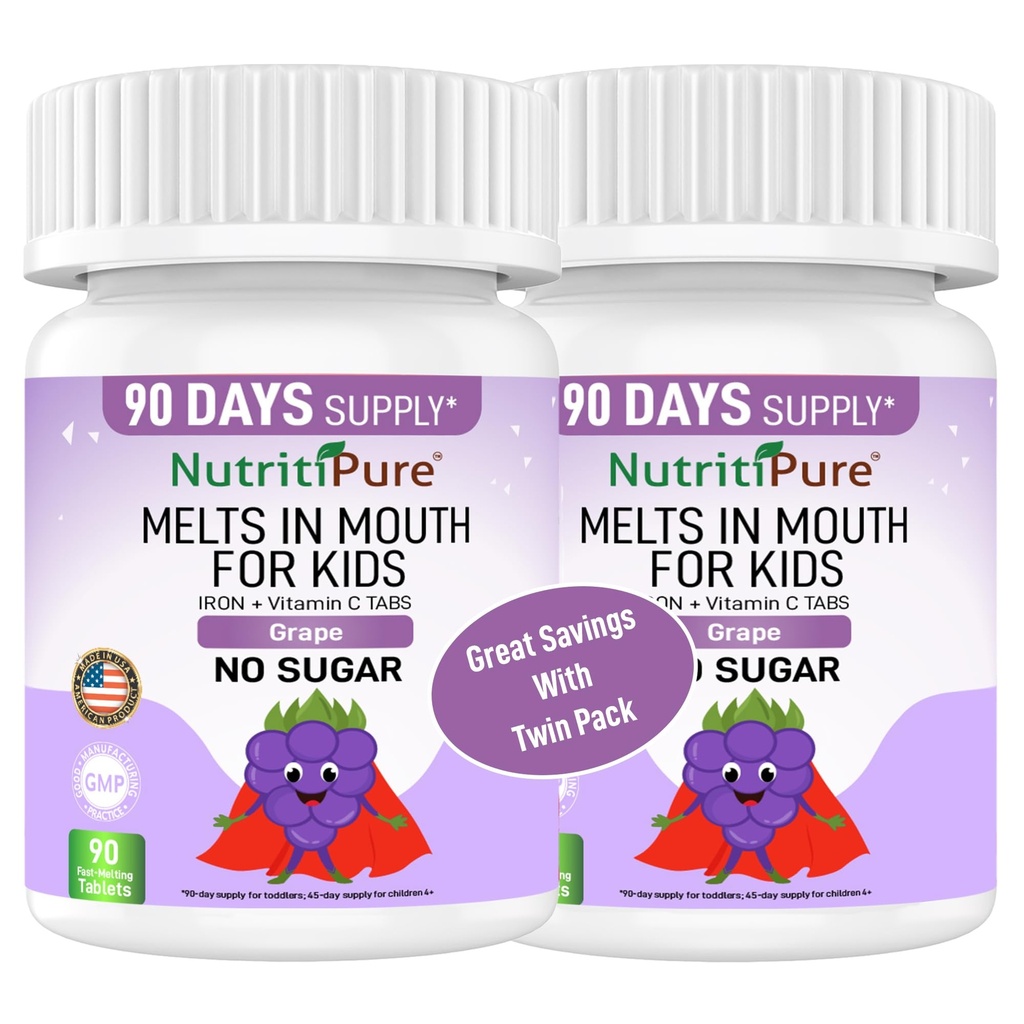 Suplemento de Hierro Chewable para niños, Hierro de Carbonilo Ferronyl® 9 mg, vitamina C 30 mg, sabor de uva, 90 tabletas (2 botellas)