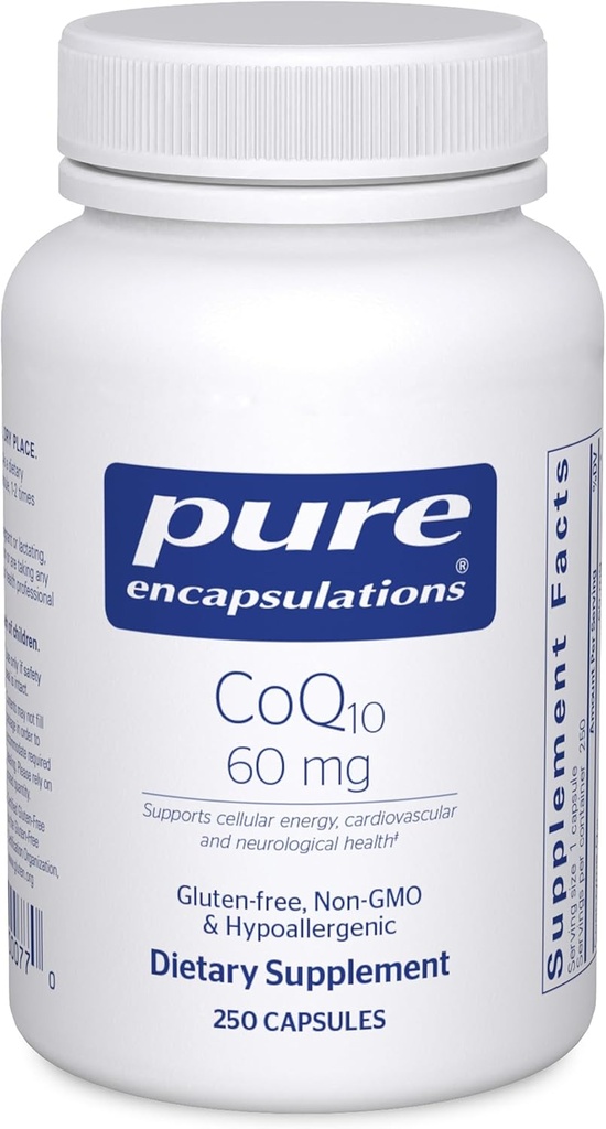 Encapsulaciones puras CoQ10 60 mg ← Coenzima Q10 Suplemento de Energía, Antioxidantes, Salud Cerebro y Celular, Cognición y Apoyo Cardiovascular*  250 cápsulas
