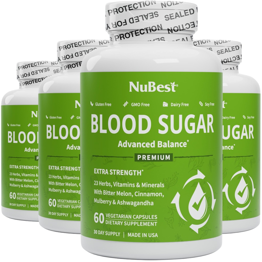 NuBest Blood Sugar - Fórmula Premium con Melon Bitter, Ashwagandha, Canela, Cromo, Magnesio, Vitaminas, Ácido Lipoico alfa, Pimienta de Cayena - Soporte Saludable Sugar de Sangre - Pack 4