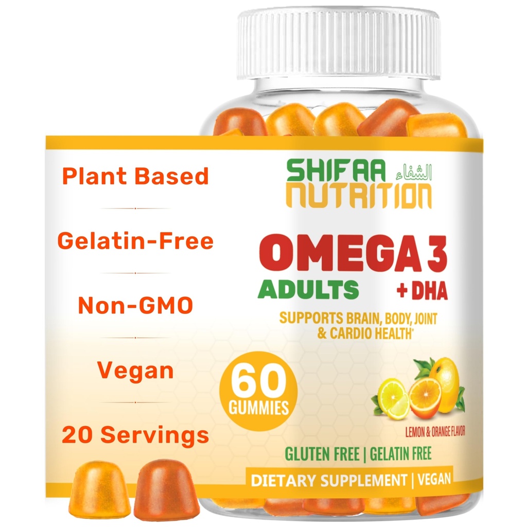 SHIFAA NUTRITION Vegan Omega 3 Gummies for Adults TEN NO Fish Oil Burps TEN 60 Gummies Silencio Plant Based w/Chia Oil, Algae ← Omega 3 6 9 w/DHA, Vitamina C Silencioso para Cerebro, Cardiovascular &amp; Immune Support Halal
