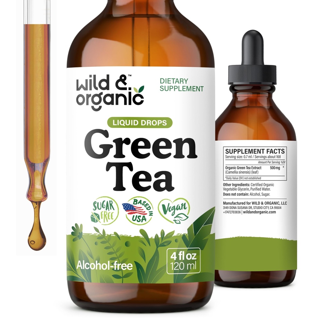 Wild &amp; Organic Green Tea Extract Liquid Drops - Antioxidant-Rich Green Tea Supplement - 2-Month Supply - Vegan, Sugar &amp; Alcohol-Free Camellia Sinensis Tincture - 4 fl oz