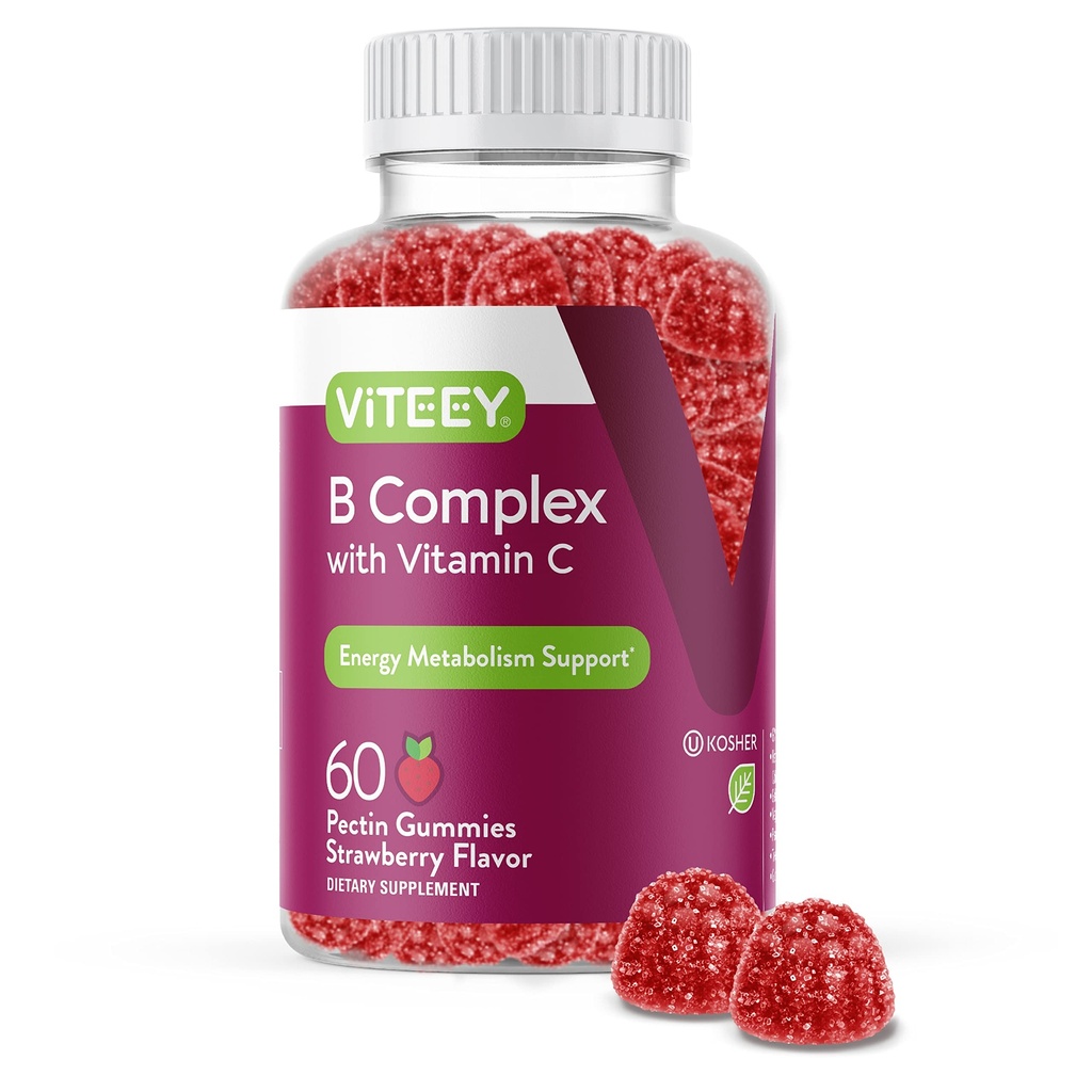 Viteey Vitamina B Complejo Gummies con Vitamina C - Energía, Metabolismo & Immune Soporte - B6, B12, Niacina, Ácido Fólico, Biotina, Calcio - Vegan, Sin gluten - 60 Conde