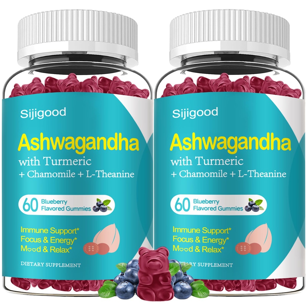 2 Pack Ashwagandha Gummies, Apoyo a la Inmunidad, Relajación, Calm Mood & Zzz, Ashwagandha Suplementos para Hombres &amp; Mujeres, Natural Blueberry Flavor, 120 Cuenta