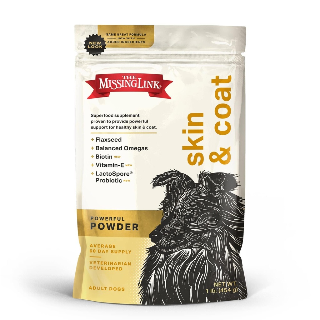 The Missing Link Skin " Coat + Probióticos Suplemento 1lb Bag - Powder de Superalimentos potentes para perros Soportes Skin " Guassy Coat, promueve el crecimiento del cabello