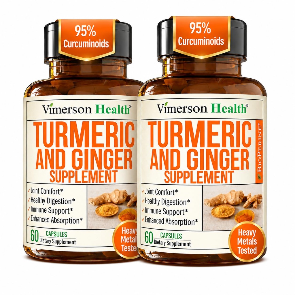 Suplemento de la Curcumina Turmérica con raíz de jengibre para el soporte conjunto, Digestivo " Gut Health - Contiene la Curcumina Turmérica Orgánica con Pepper Negro (Bioperina) para la absorción mejorada - 60 cápsulas, 2 Pack