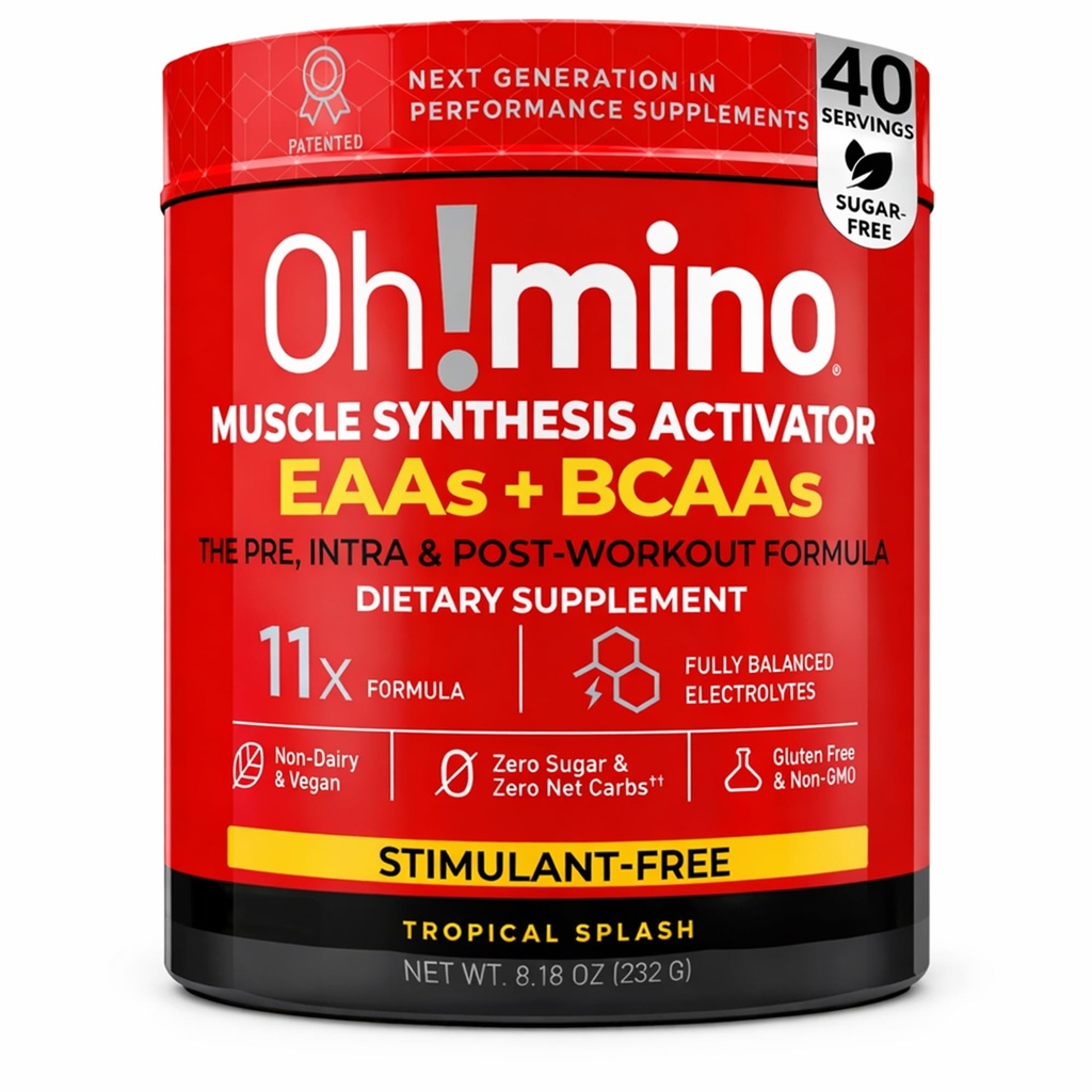 Suplemento de aminoácidos esenciales Oh!mino. Espolvo tropical, polvo libre de estimulantes. Los 9 EAAs, BCAAs y el Amino perfecto para los entrenamientos, Amino Energy, y para construir músculo, y recuperar más rápido.