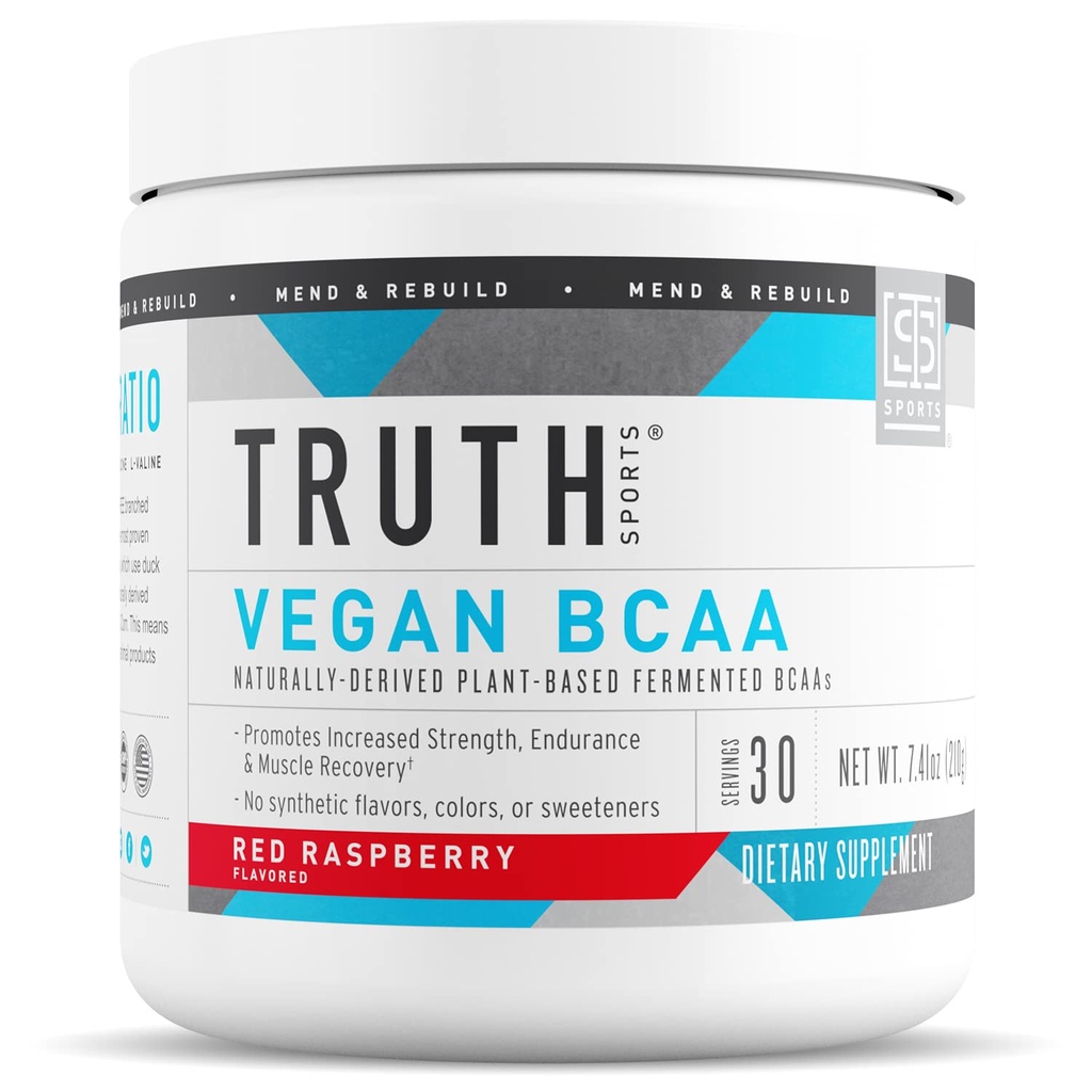 Verdad Nutrición Vegan BCAA Powder- 2:1:1 Ratio Natural BCAAs Aminoácidos Polvo para Energía, Construcción del Musculo, Post Workout Recuperación Bebida para la Recuperación del Musculo (Red Raspberry, 30 Servimientos)