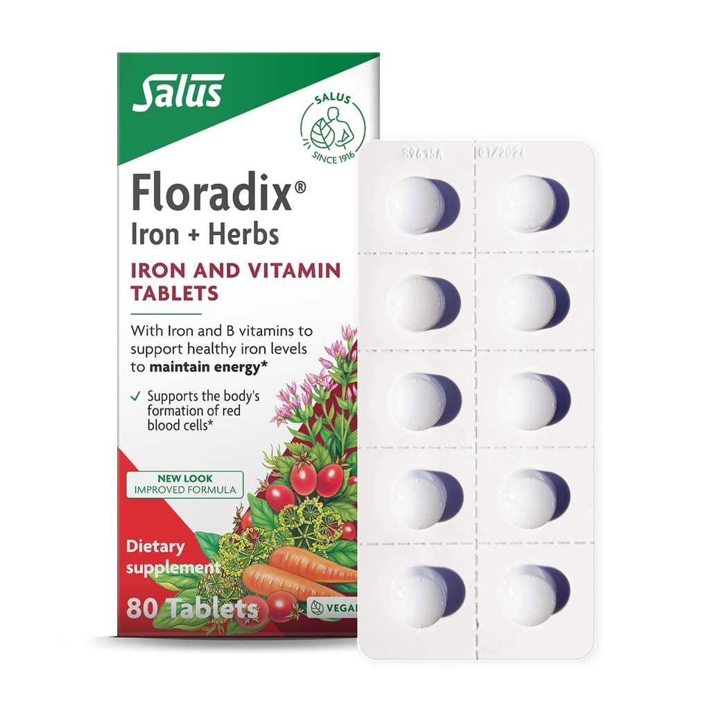 Floradix Iron Tablets - Suplemento de hierro con vitaminas B, ácido fólico, vitamina C &amp; Más - Energy Support - Vegetarian &amp; Gluten-Free - 80 Tablets (80 Servings)