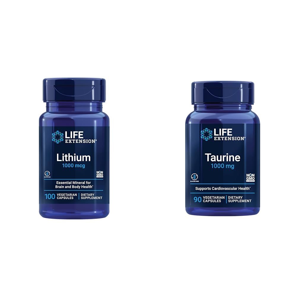 Extensión de la vida Litio 1000 mcg y Taurine 1000 mg - Salud cerebral, Anti-Aging, Longevity, Memory, Cognition, Mood, Heart, Liver, Muscle and Exercise Support - 100 Count