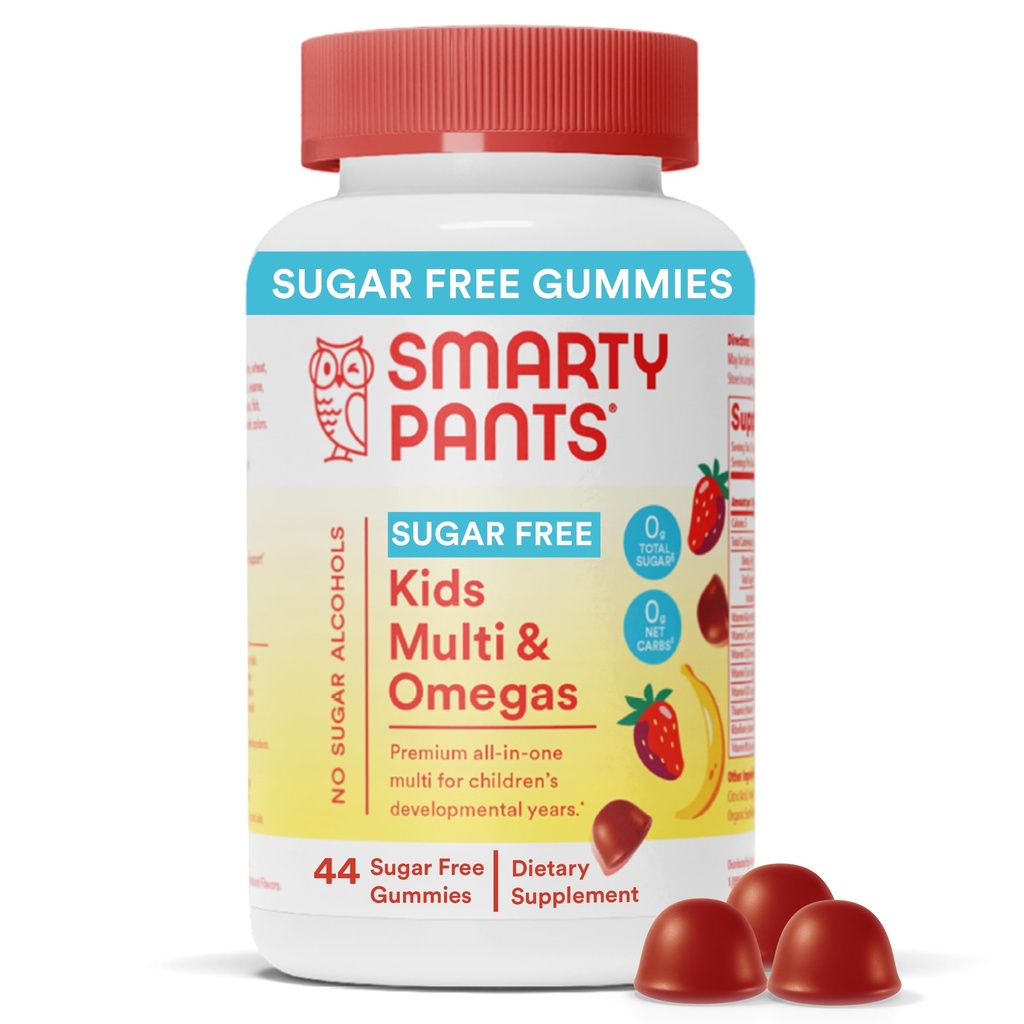 SmartyPants Kids Multivitamin Gummies, Azúcar Gratis: Omega 3 (ALA), Vitamina D3, C, Vitamina B12, B6, A, K " Zinc for Immune Support, Biotin, Erythritol Gratis, Strawberry Banana, 44 Conde (22 Day Supply)