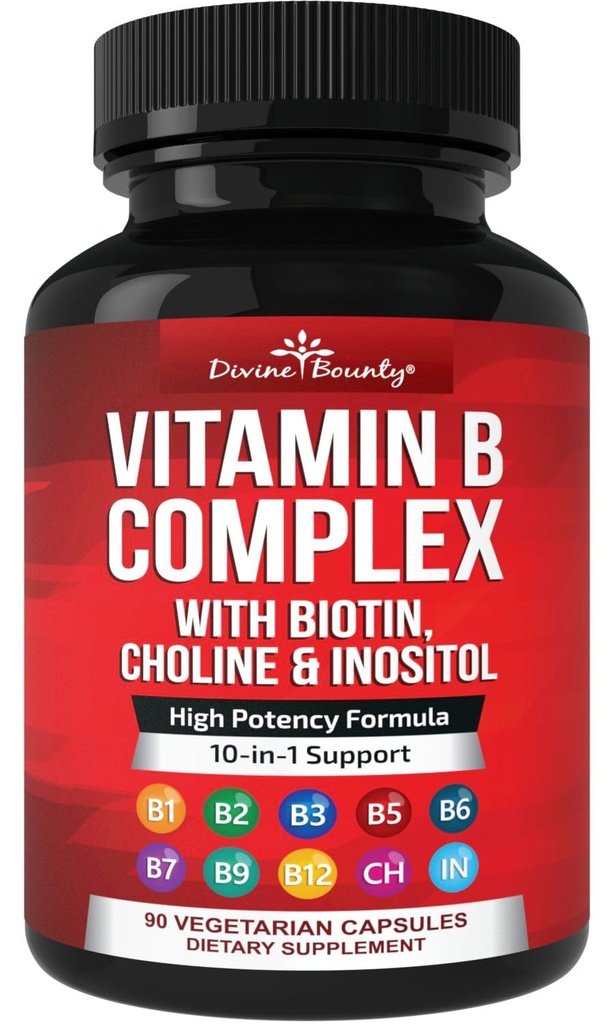 Vitaminas Complej Super B - Todas las vitaminas B incluyendo B12, B1, B2, B5, B6, B7, B9, ácido fólico - Suplemento Vitamina B - Apoyo Metabolismo Energético Saludable - 90 cápsulas vegetarianas