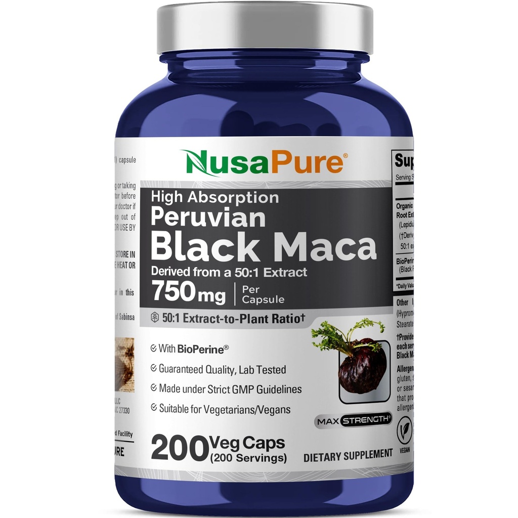 NusaPure Negro Maca Root 50:1 Extracto, 750 mg Equivalente a 37,500 mg 200 Veggie Por Caps (Vegan, No GMO)