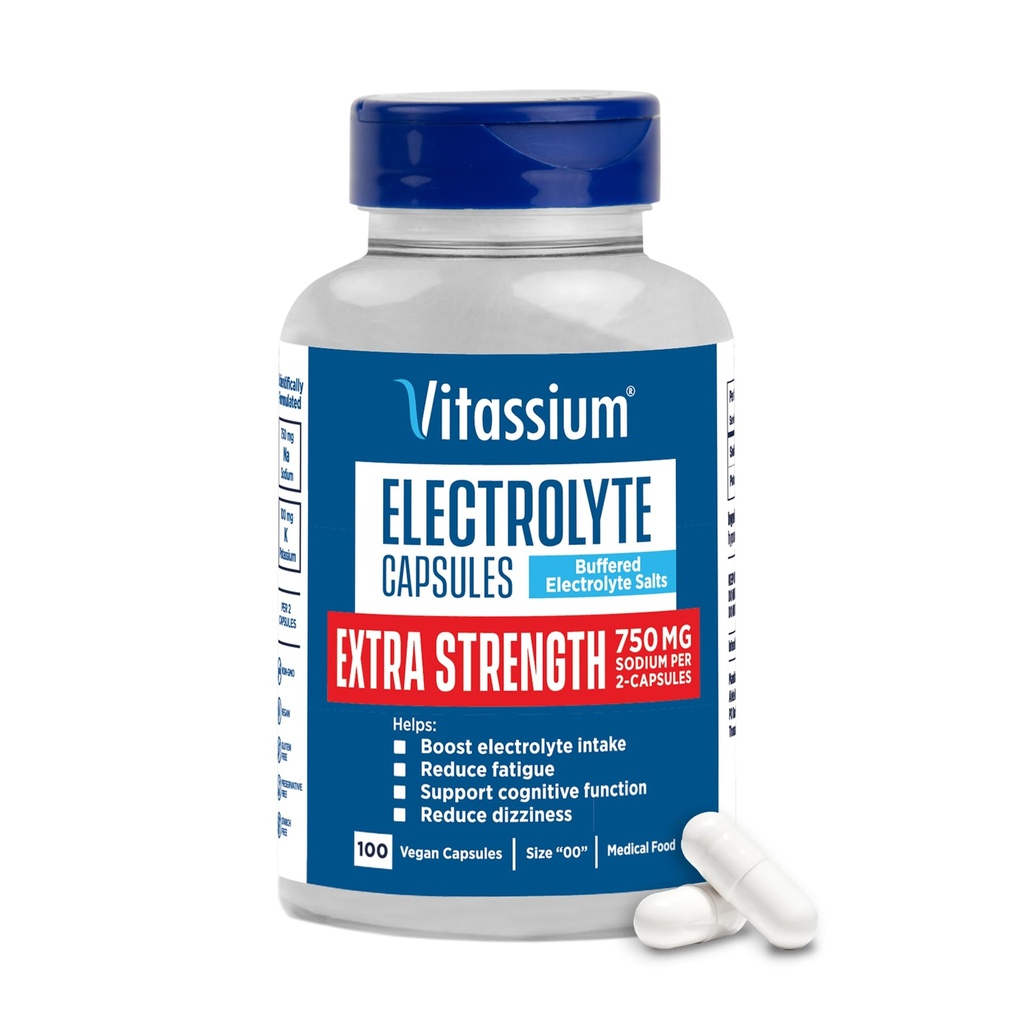 Vitassium Extra Strength Electrolyte Capsules, 750mg de Sodium para la gestión de POTS y dietas de alta sodio, sin sabor, 100 pastillas de sal (tamaño 00)