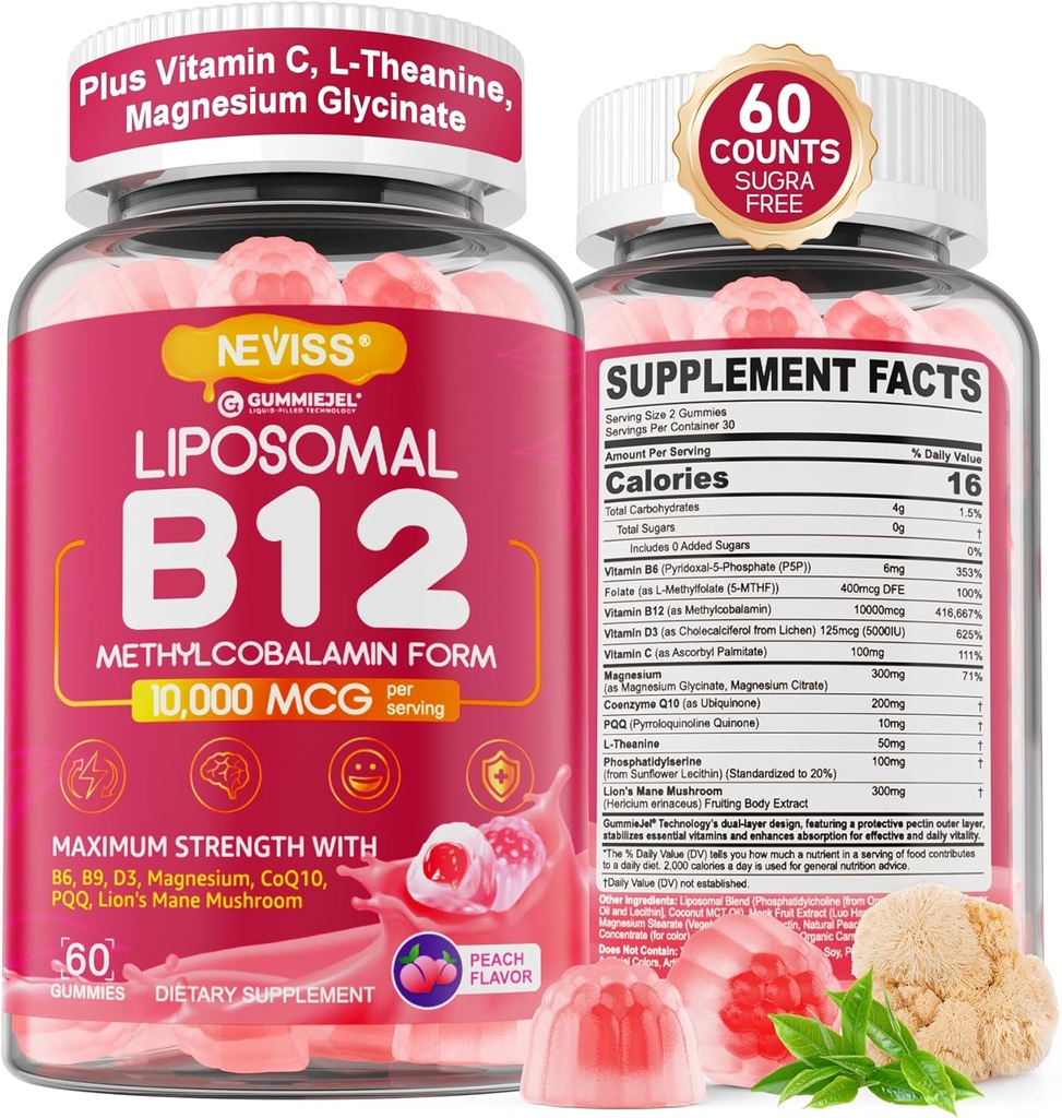 Methyl B12 Gummies 5000 mcg/10000 mcg w/L-Methylfolate, B6, León Mane Mushroom, CoQ10, PQQ, Magnesium Glycinate, Extra Strength Liposomal Vitamina B12 Complejo para Energía, Focus,Brain &amp; Inmunity 1Pack