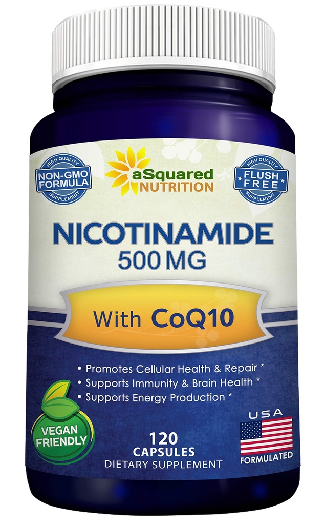 Nicotinamida con CoQ10 (120 cápsulas) - Vitamina B3 500mg (Niacinamide Flush Free) - Coenzyme Q10 Polvo - VIT B-3 &amp; Coq 10 píldoras suplementarias para apoyar la energía, NAD, " Skin Cell Health