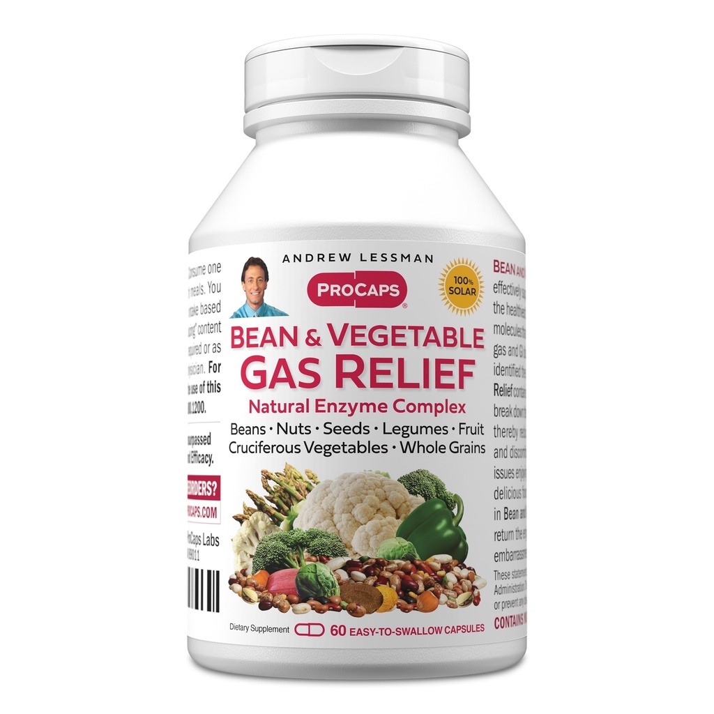 ANDREW LESSMAN Bean and Vegetable Gas Relief 60 Capsules - Natural Enzyme Complex Reduce Gas, Bloating from Beans, Cruciferous Vegetables, Fruits, Grains and Other Foods. Gentle and Effective