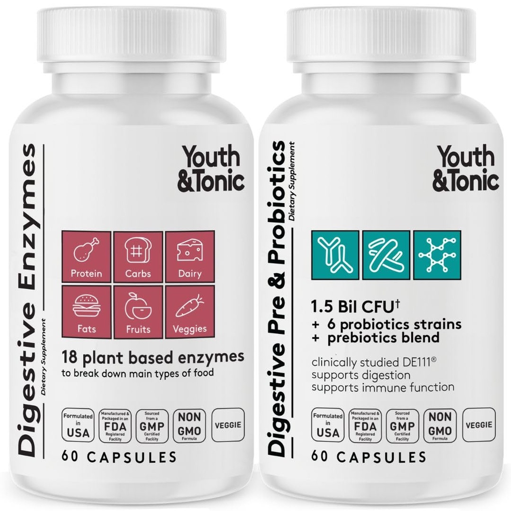 Jóvenes &amp; Tonic Digestive Supplement for Bloating, Regularity & Gut Health. Probióticos y prebióticos para la digestión para romper alimentos y utilizar diariamente, para hombres de mujeres – 120 pastillas