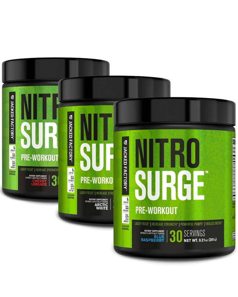 Jacked Factory NITROSURGE Pre Workout Suplemento - Endless Energy, Instant Strength Gains, Clear Focus, Intense Pump ← Cherry Limeade, Blue Raspberry, Arctic White (90 Servings)
